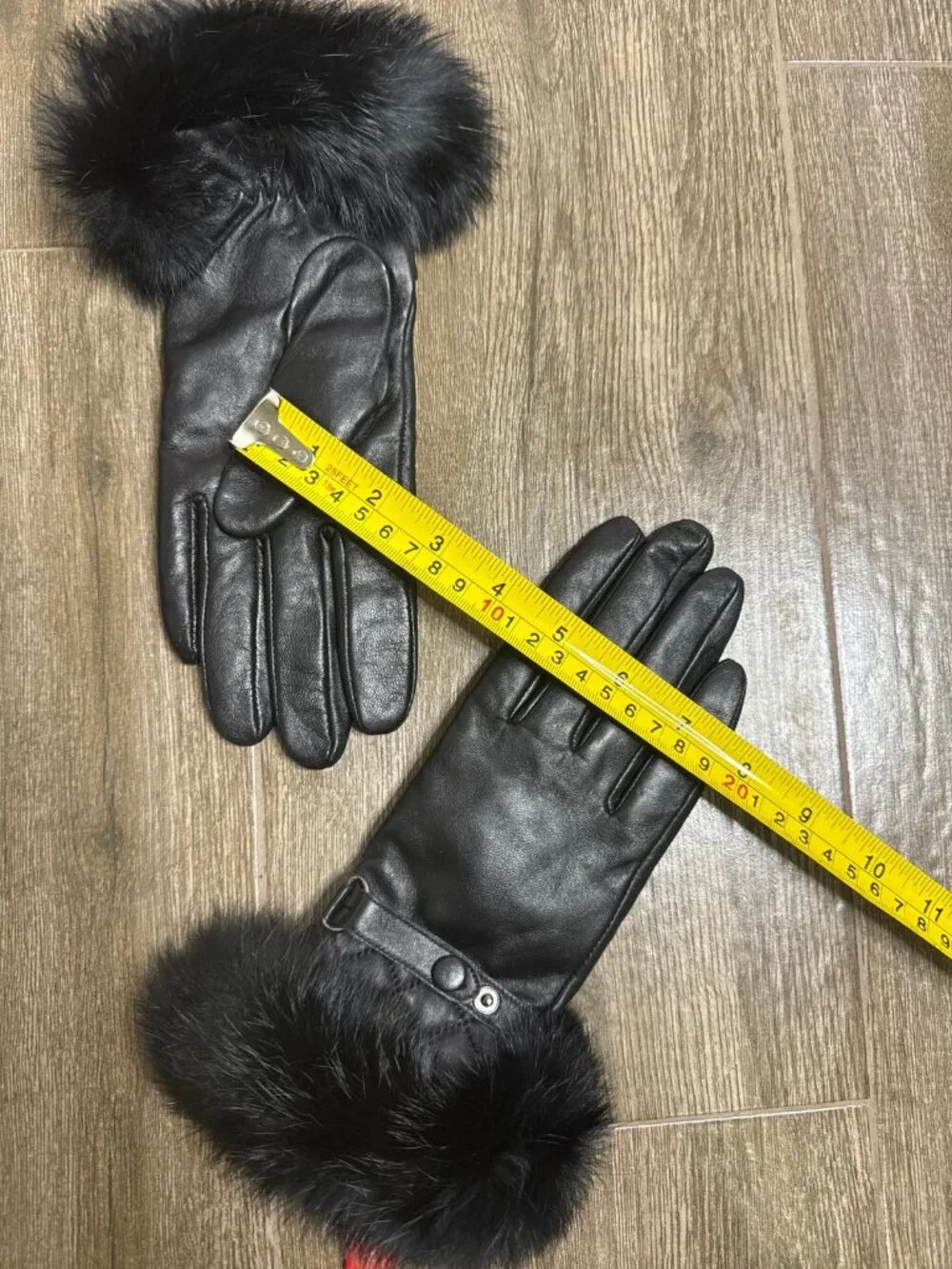 New GSG black leather Gloves with rabbit fur cuffs and wool liner size 7